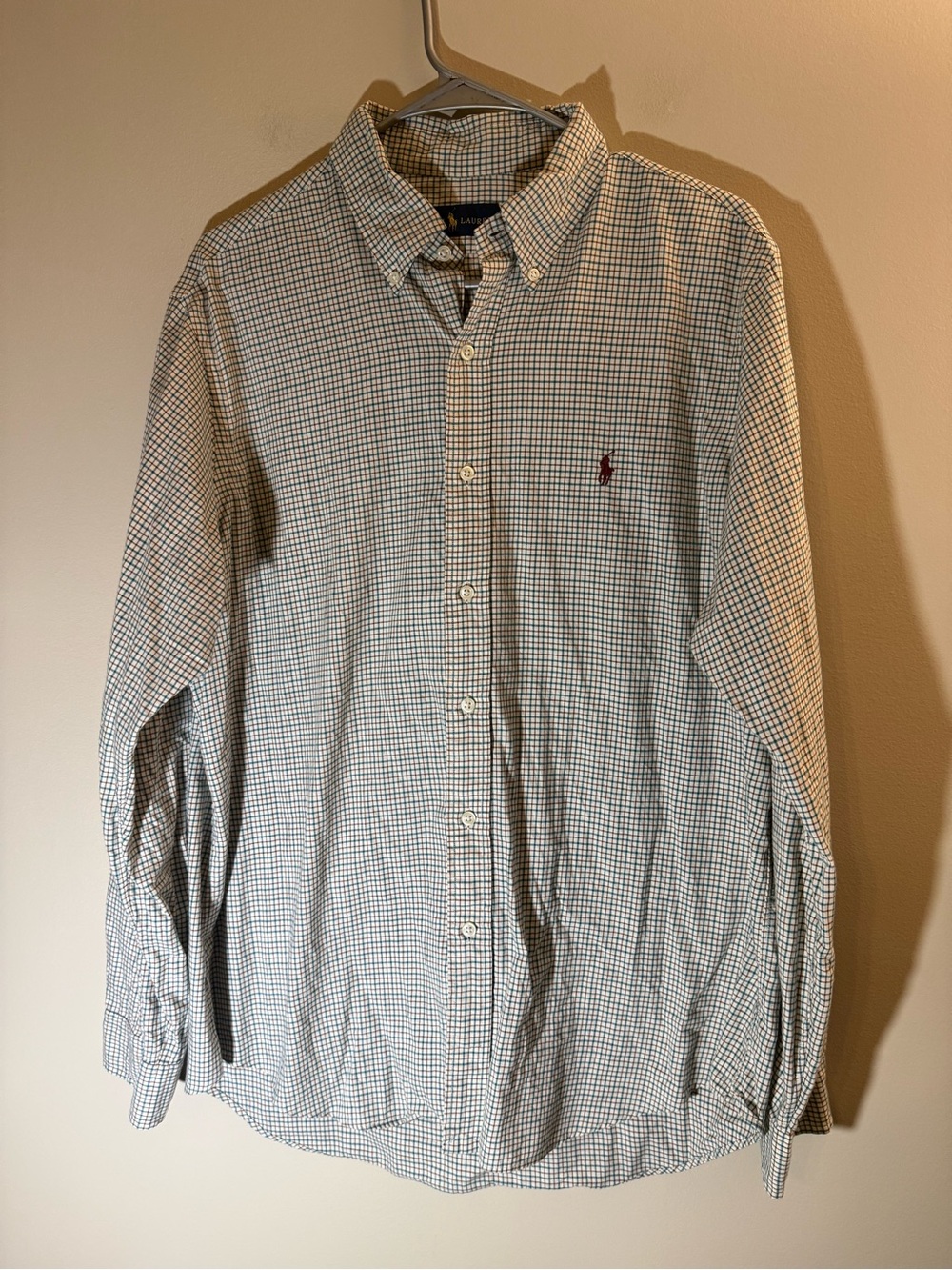 Ralph Lauren Men’s Blue and Green Micro-Check Button-Down Shirt L